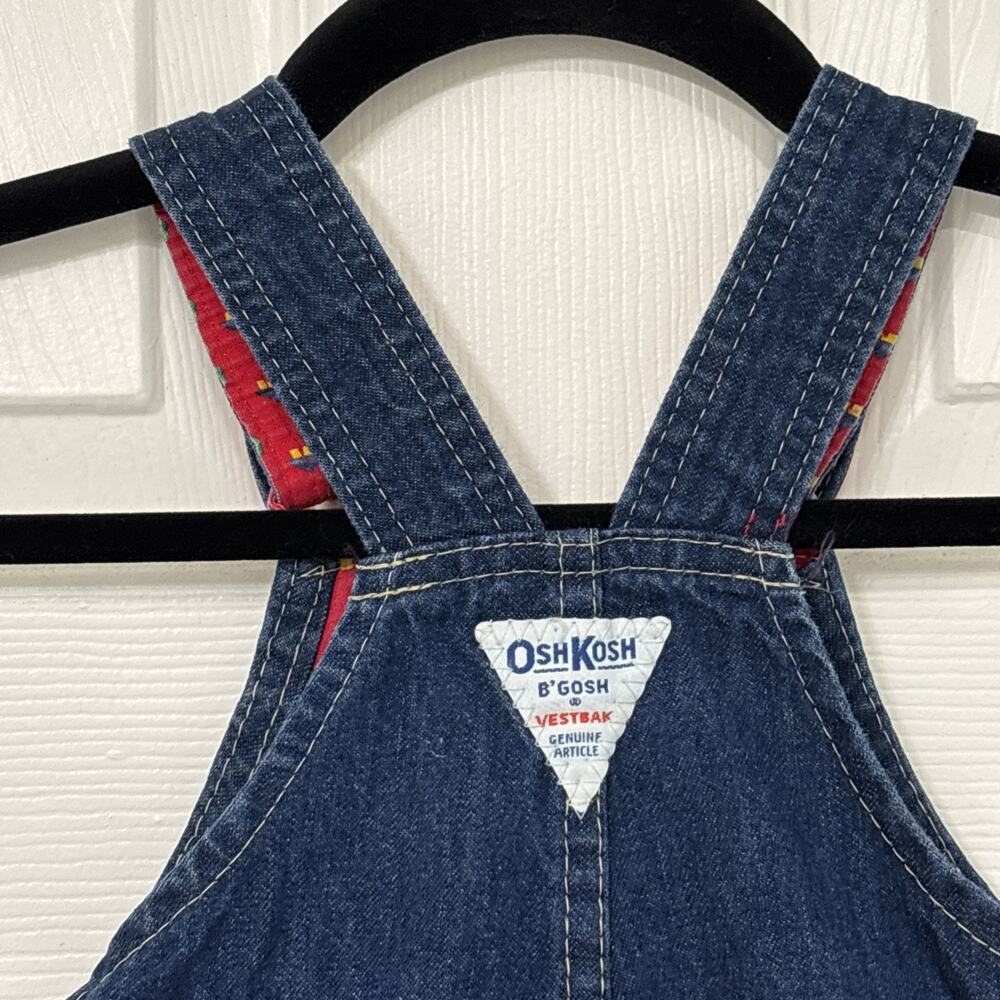 Vintage 2T Oshkosh Overalls Denim House Tree Print 80s 90s Paper Tag USA VGUC - Picture 7 of 9